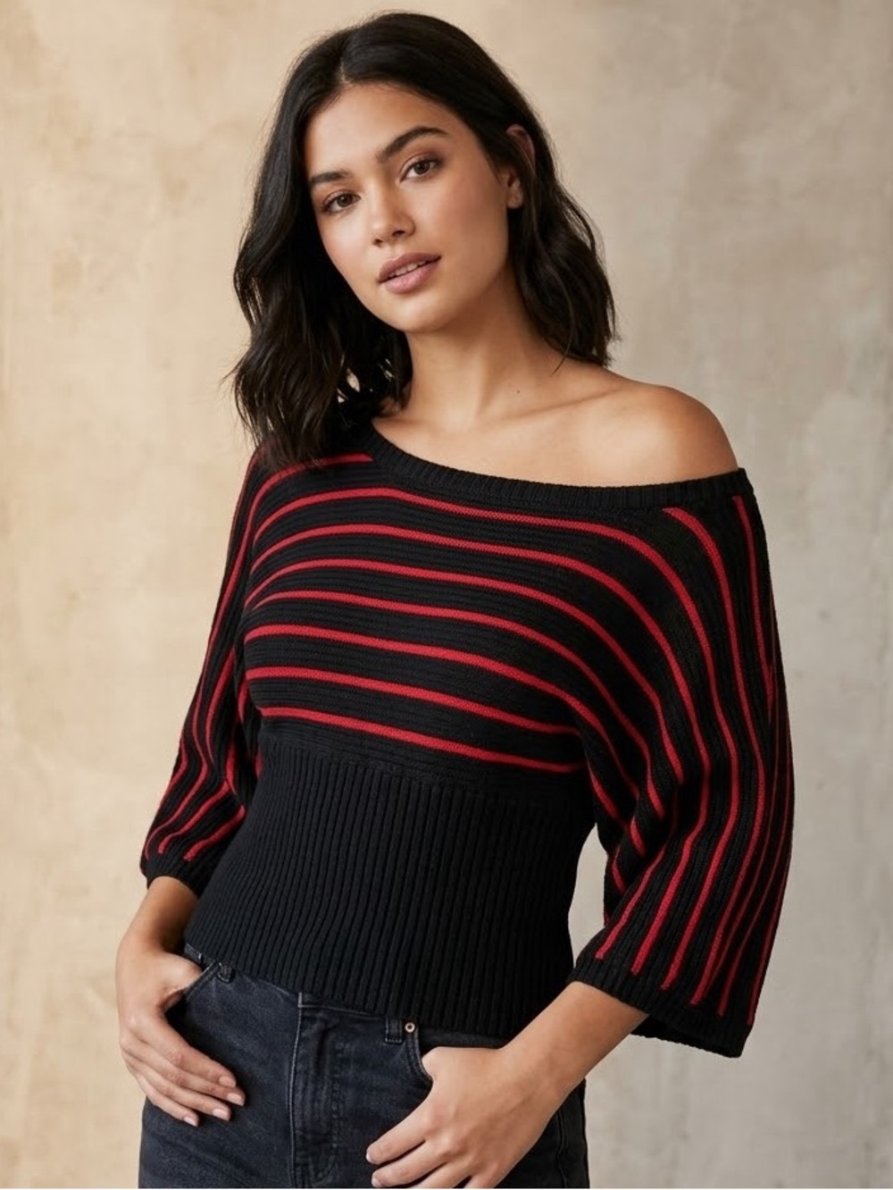Y2K NEW BCX Black Red Striped Metallic CHRISTMAS HOLIDAY Boatneck Sweater